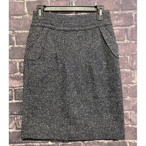 CAbi Blair Pencil Skirt Womens 2 Blue Tan Wool Blend Tweed Zip Button Style# 738